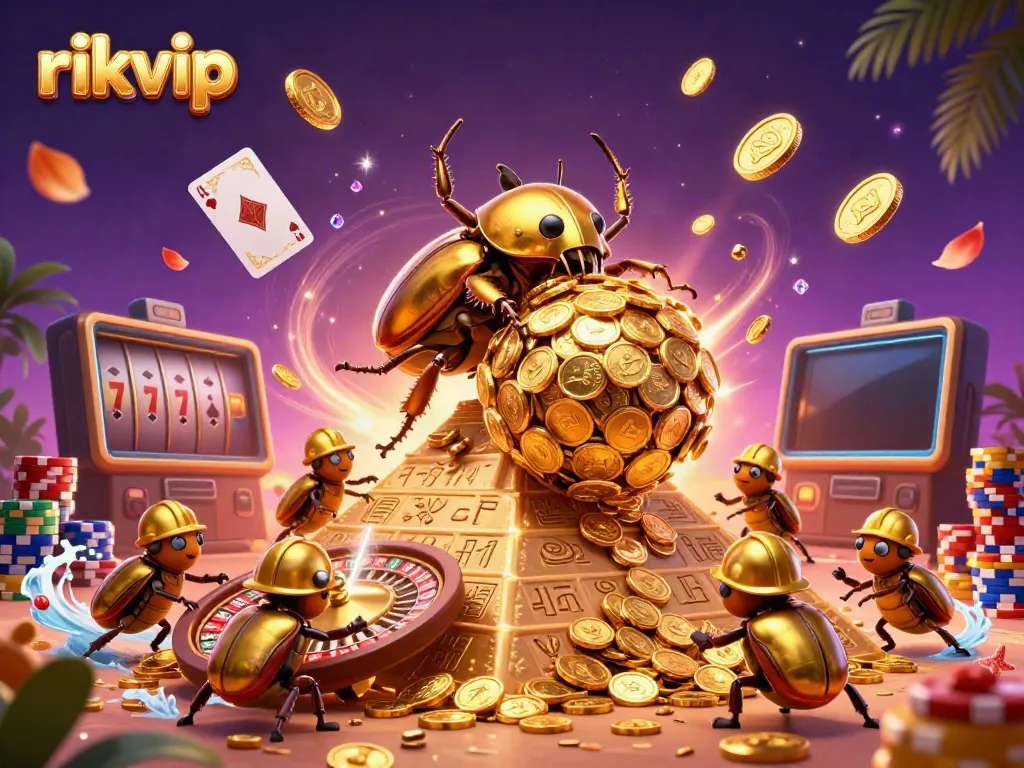 Spin to win with rikvip as golden beetles roll coins in a vibrant casino scene.
