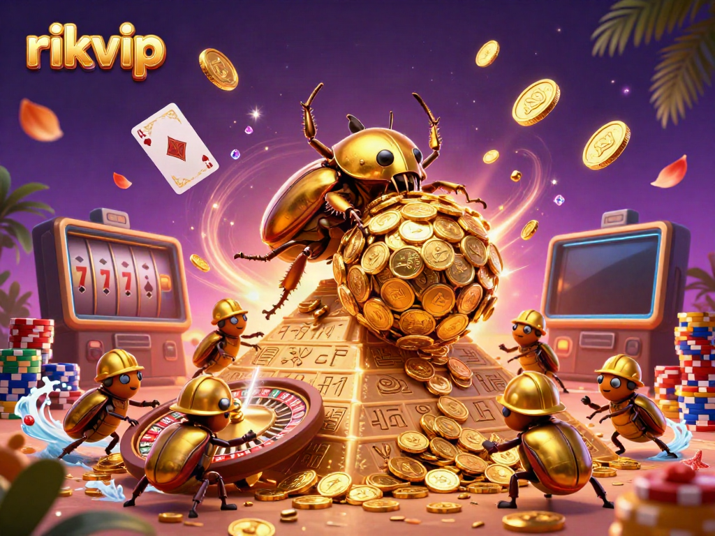 Spin to win with rikvip as golden beetles roll coins in a vibrant casino scene.