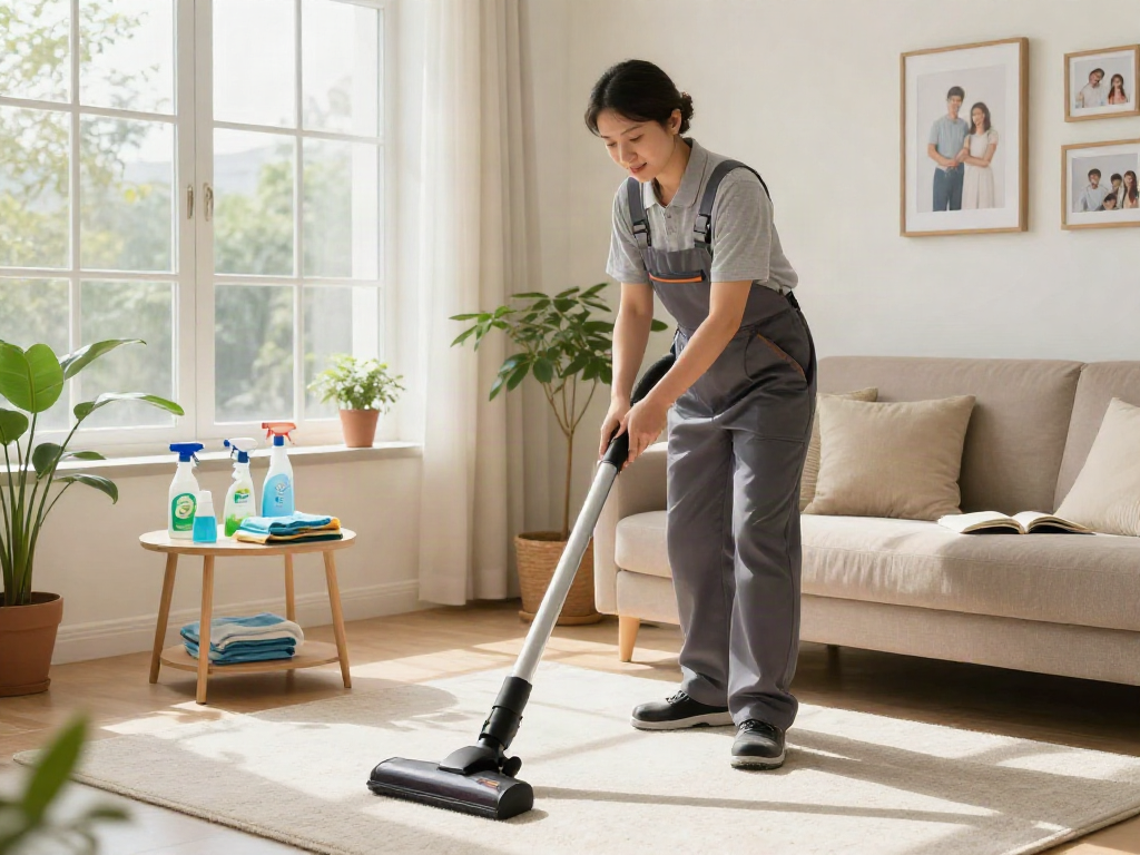 Professional cleaner using eco-friendly products in a bright living room during home cleaning, emphasizing depo 10k value.
