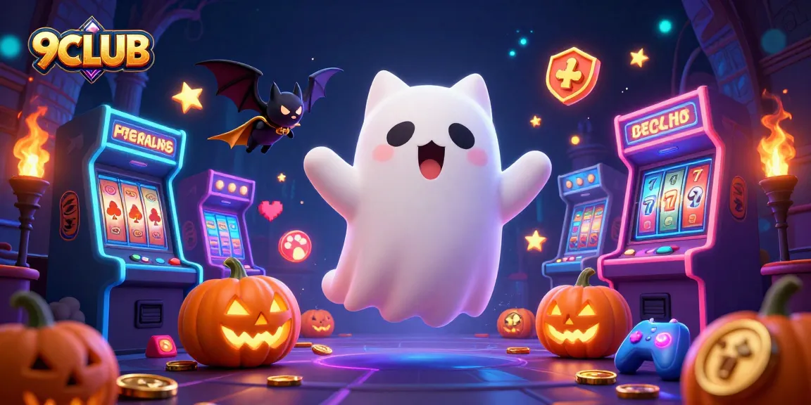 Experience the thrill of 9CLUB with a lively ghost cat, bat, and glowing jack-o-lanterns in a haunted casino.