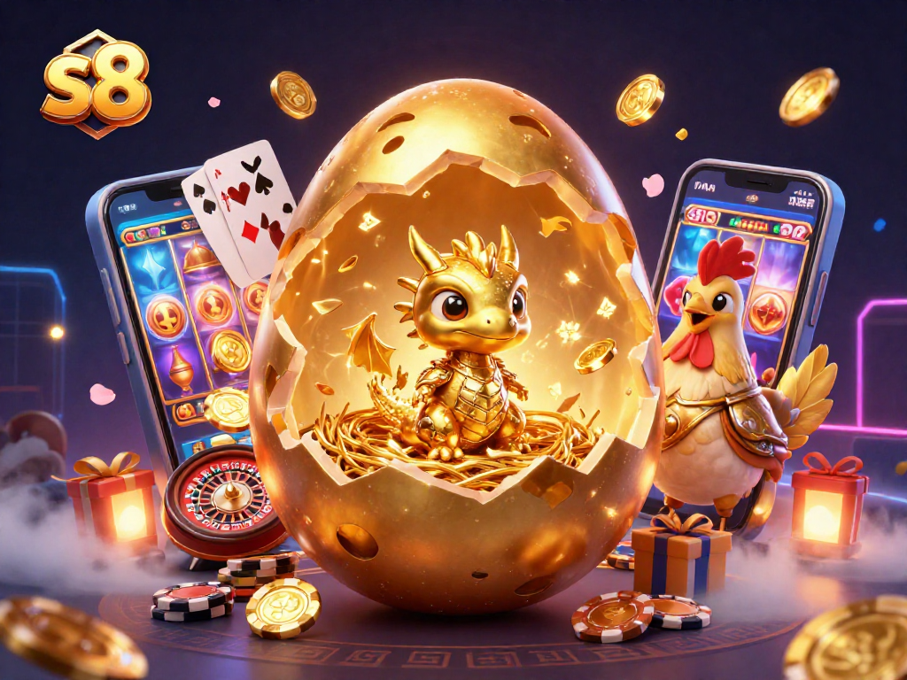 S8's vibrant golden dragon emerges, showcasing thrilling casino elements like slots and poker chips.