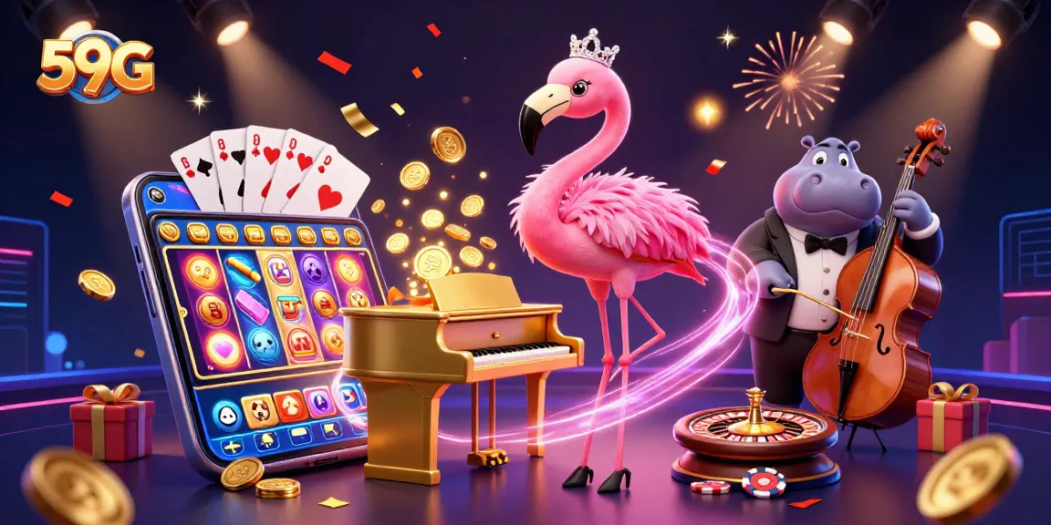 Engage with 59G's thrilling online gaming environment featuring lively casino characters and vibrant game elements.