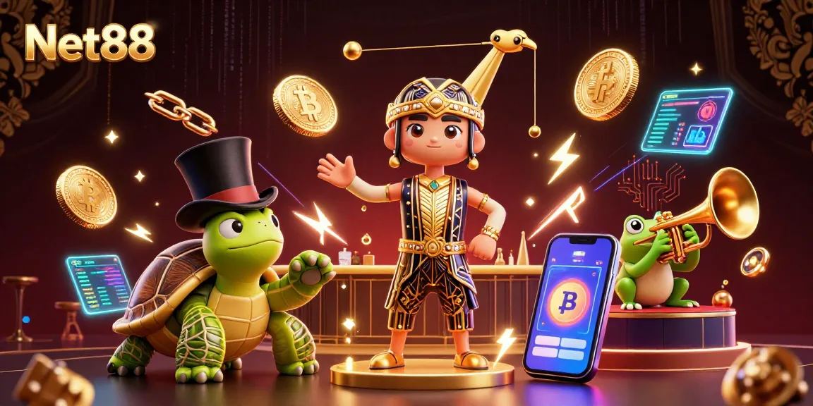 Experience the vibrant action of Net88 through a 3D illustration featuring unique characters and crypto elements.