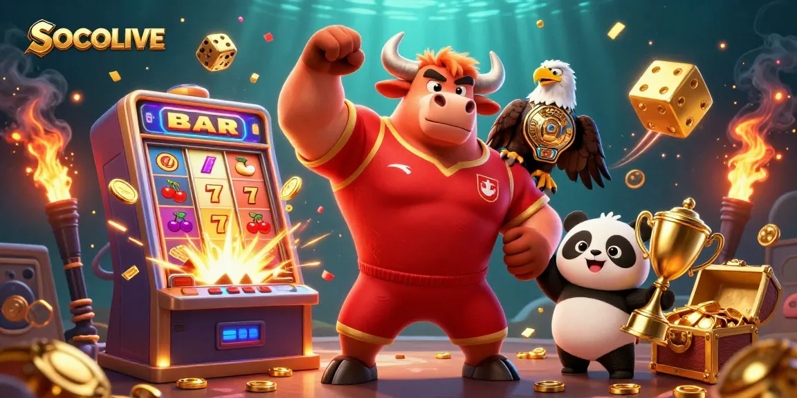 SOCOLIVE showcases a vibrant, animated casino scene featuring a muscular bull mascot and prize elements, emphasizing excitement in gambling.