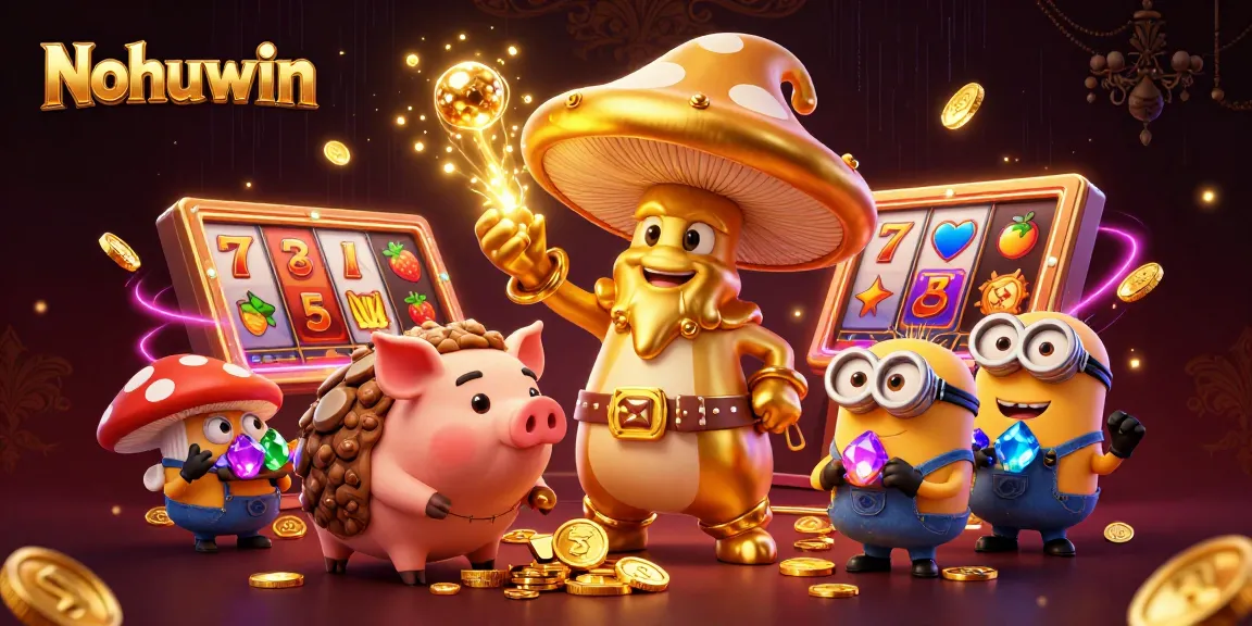 Nohuwin offers thrilling slots and jackpot games, highlighted by a vibrant gold-themed illustration.