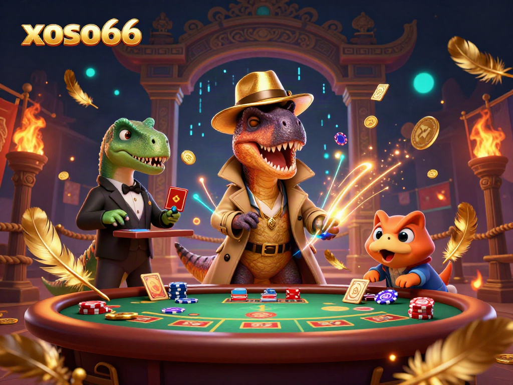 Experience the thrilling action of xoso66 with a velociraptor card counter and casino atmosphere.