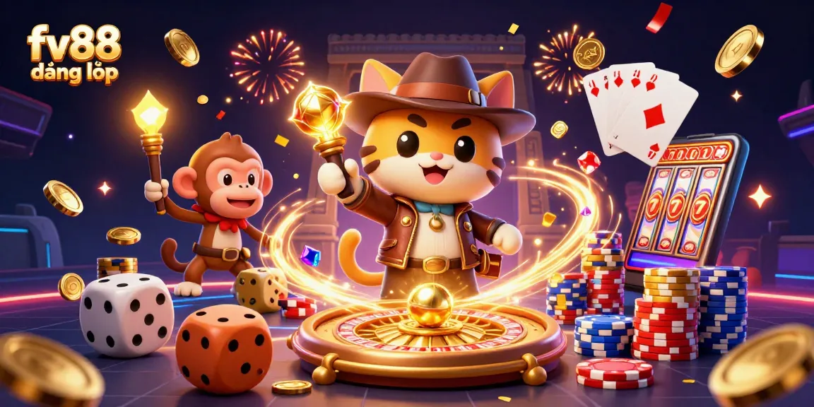 Win big with fv88 đăng nhập as a cartoon cat discovers golden casino treasures.