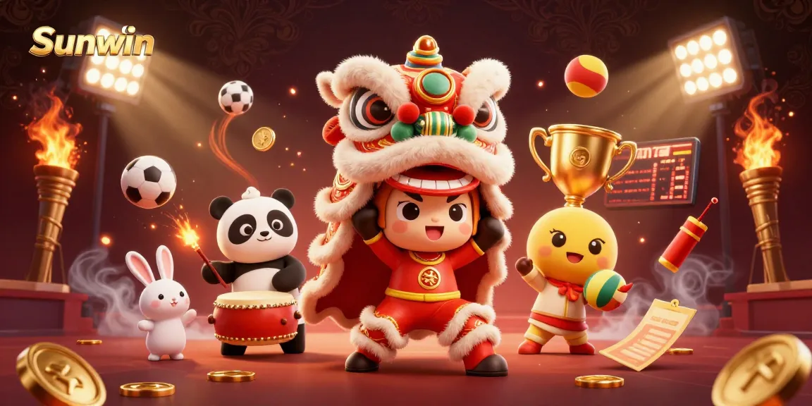 Experience thrilling gaming action at Sunwin with a colorful lion dance and dynamic casino elements.