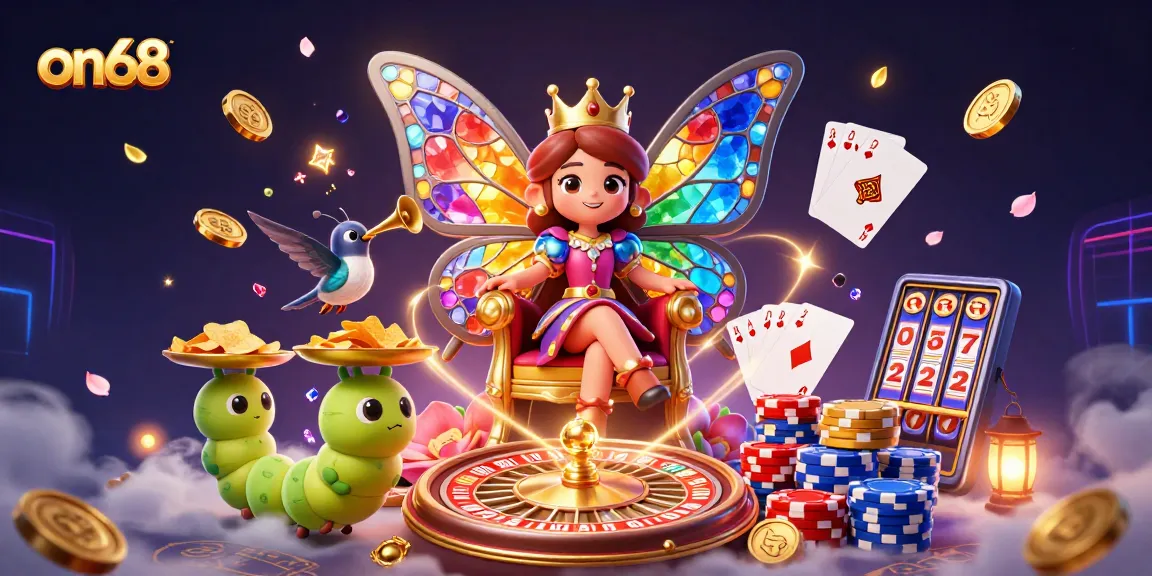 Experience on68 with vibrant casino elements, including a butterfly queen and golden coins.