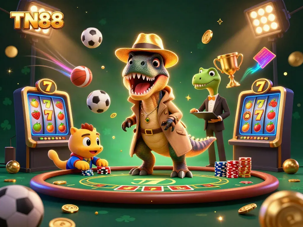 Experience TN88 excitement at the blackjack table with a cartoon velociraptor and slot machine elements.