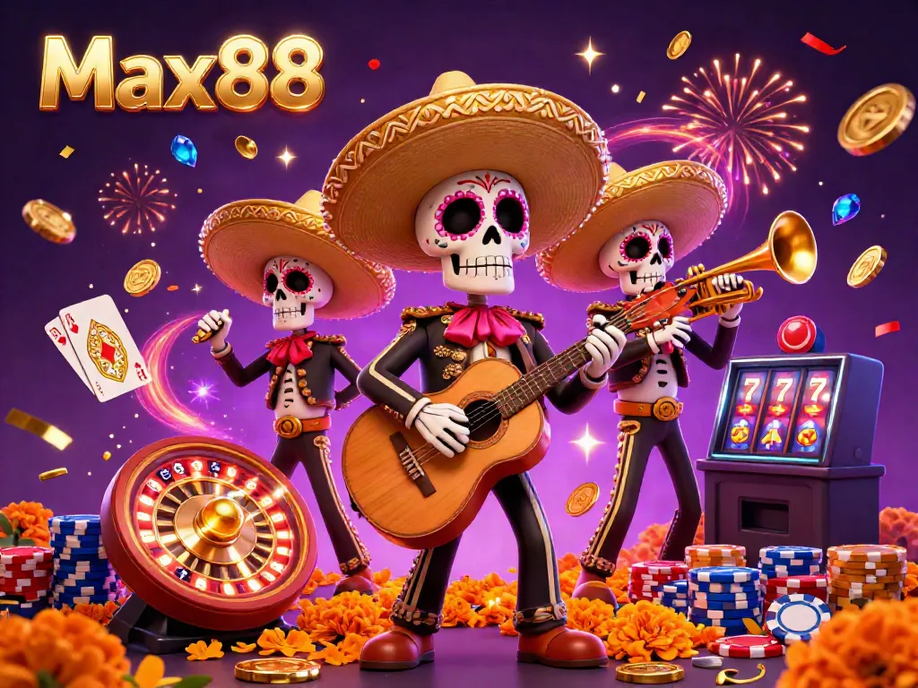 Experience gaming excitement with Max88 in this festive scene featuring colorful skeleton musicians and casino elements.