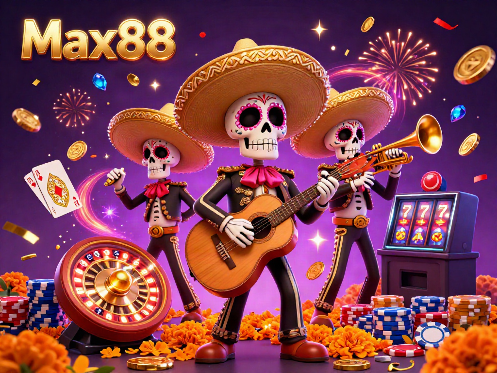 Experience gaming excitement with Max88 in this festive scene featuring colorful skeleton musicians and casino elements.