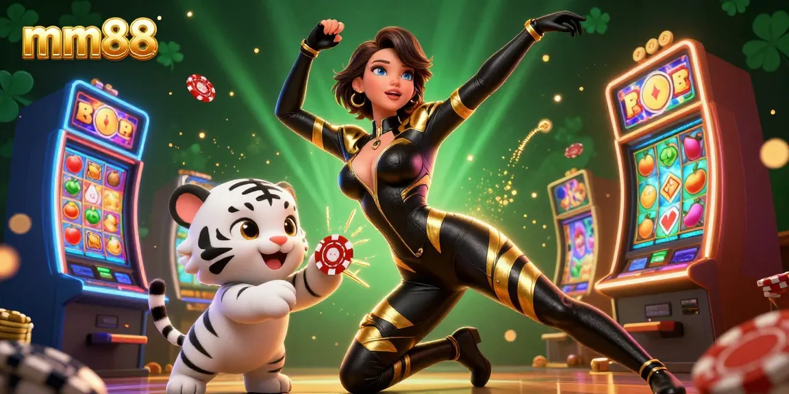 Experience vibrant gaming with mm88, featuring a bold woman and a tiger amidst colorful casino elements.