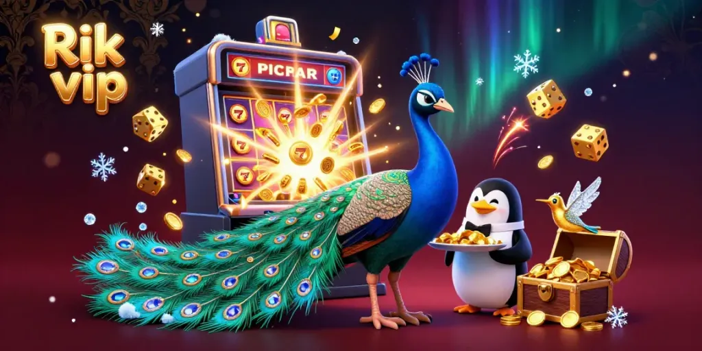 Experience thrilling gaming with Rik vip in this vibrant scene of 3D characters and casino elements.
