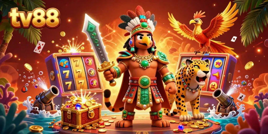 Experience excitement with tv88 as vibrant Aztec characters engage in a dynamic casino gameplay scene.