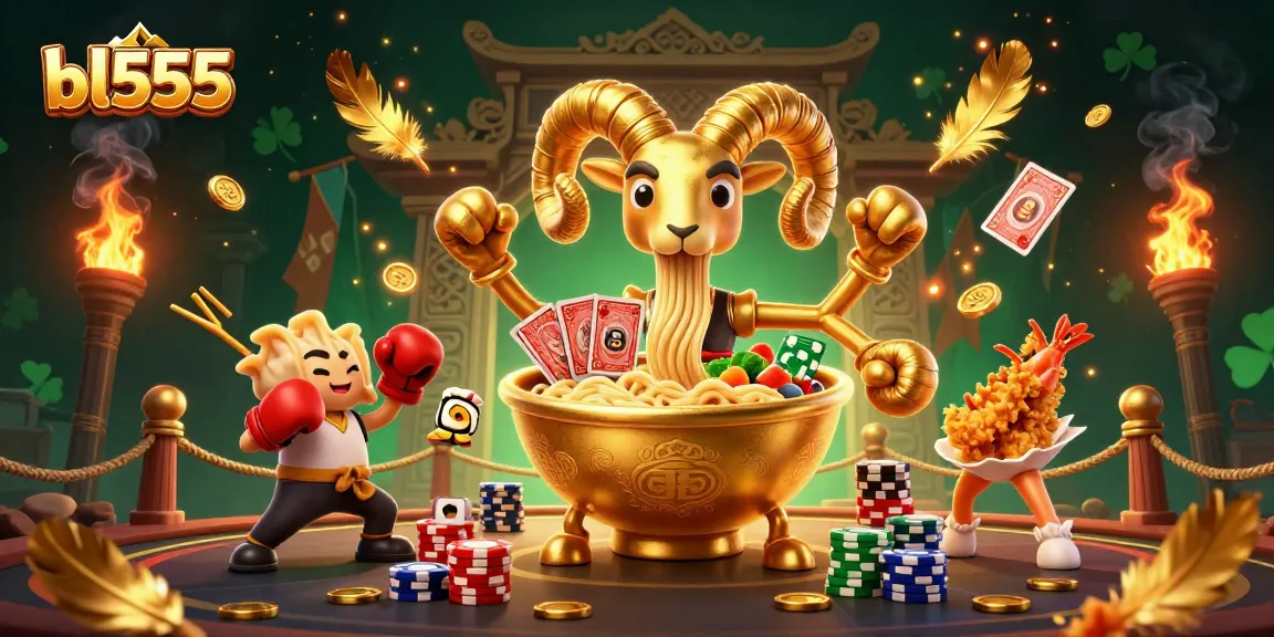 Win big at bl555 with a vibrant, action-packed casino scene featuring animated food characters.