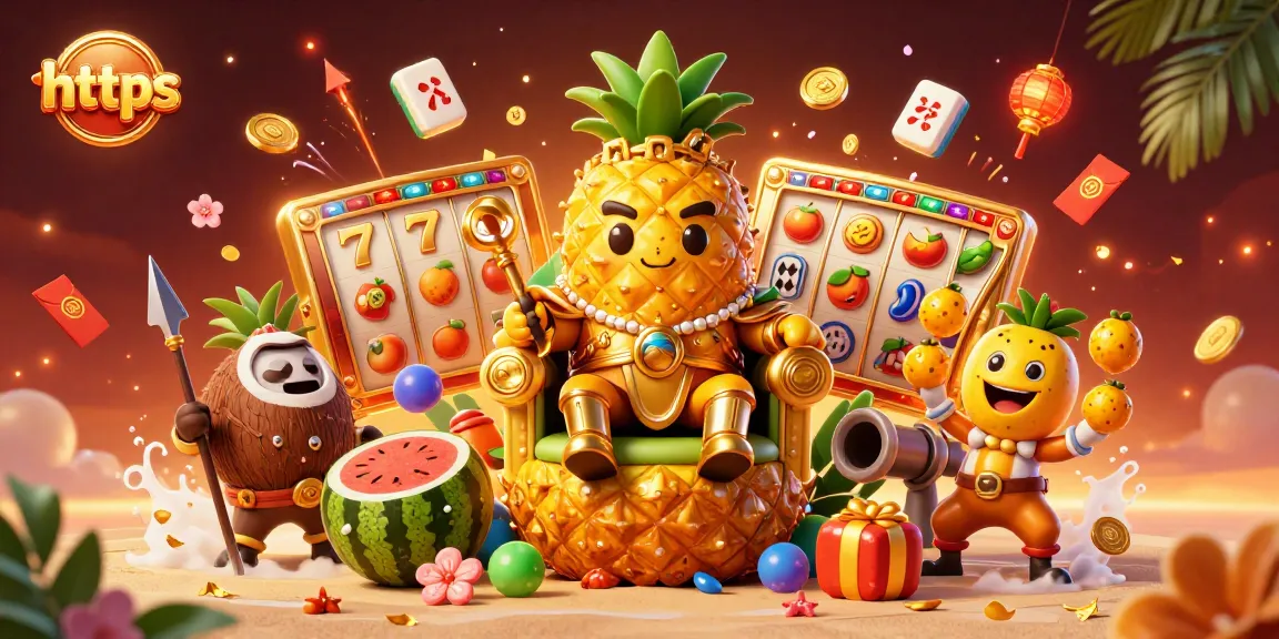 Experience thrilling slots with https at a vibrant beach casino featuring a golden pineapple king.