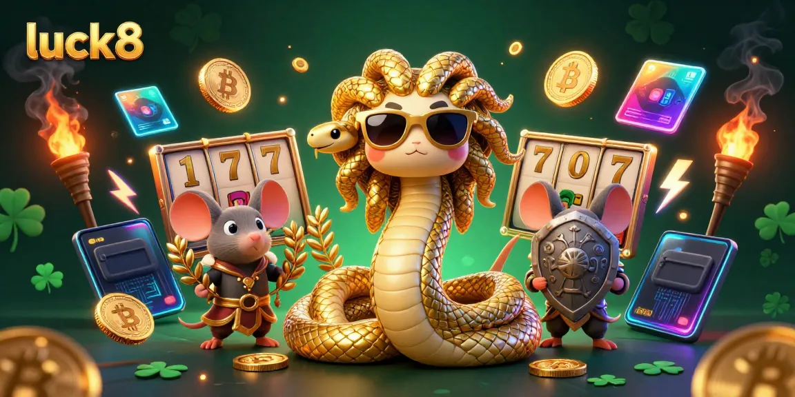 Experience luck8's vibrant gaming scene with Medusa and a warrior mouse in a lively casino setting