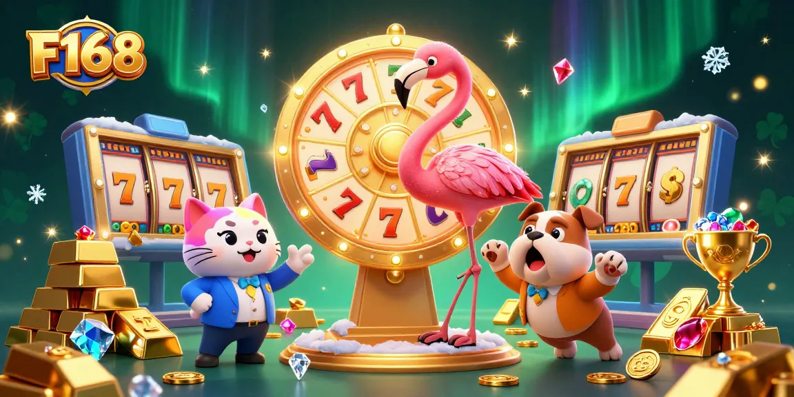 Spin the giant prize wheel at F168 for thrilling casino rewards amidst a vibrant 3D celebration.