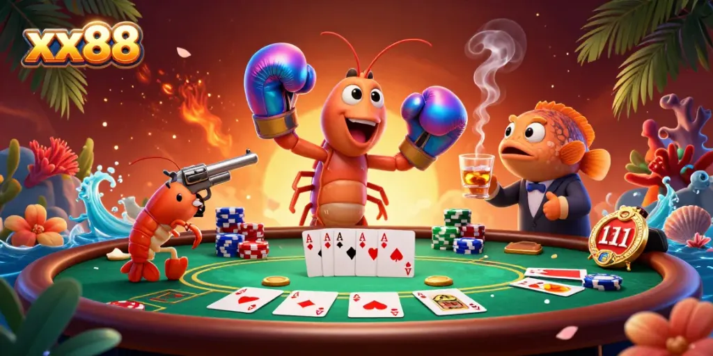Engage with dynamic poker action at xx88 featuring vibrant characters and casino elements.