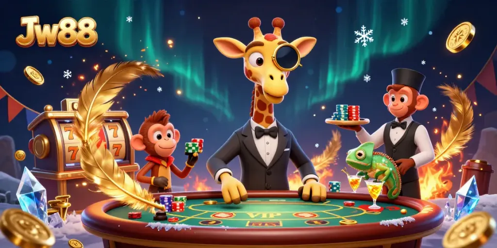 Engage with Jw88's vibrant casino world showcasing a giraffe at the poker table with dynamic game elements.