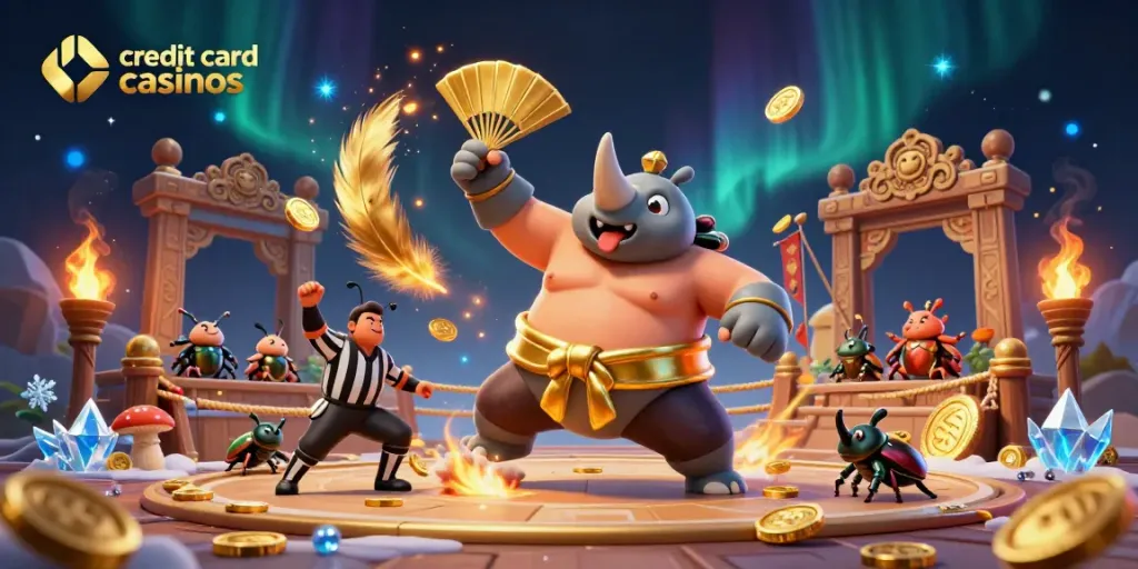 Experience excitement at credit card casinos with a dynamic beetle wrestling scene full of coins and vibrant colors.