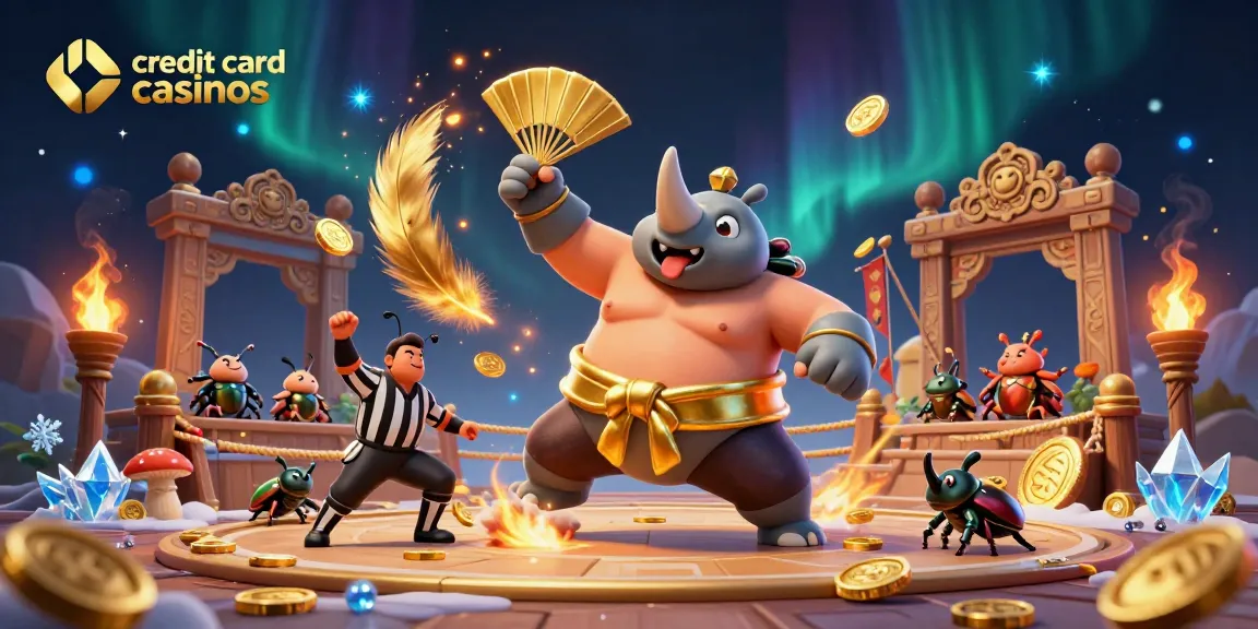 Experience excitement at credit card casinos with a dynamic beetle wrestling scene full of coins and vibrant colors.