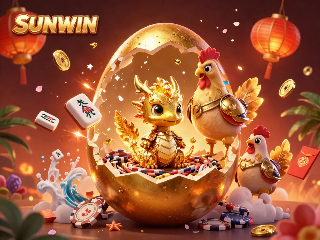 Engage with SUNWIN's thrilling casino scene featuring a golden baby dragon and poker chips amidst dynamic game elements.