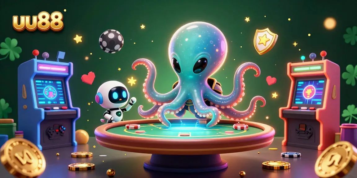 Experience thrilling poker at uu88 with a vibrant alien octopus dealer and floating chips in a cosmic setting.