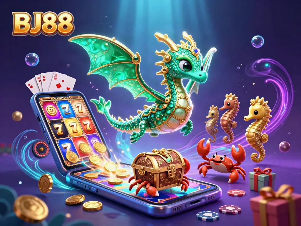 BJ88 showcases a vibrant underwater casino scene filled with slot games, golden coins, and a majestic sea dragon.