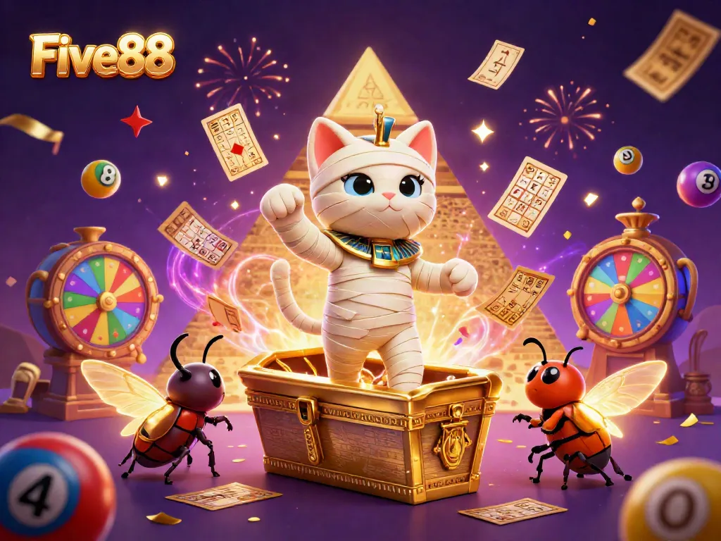 Experience the vibrant casino world of Five88 with an Egyptian mummy cat and glowing scarab beetle.
