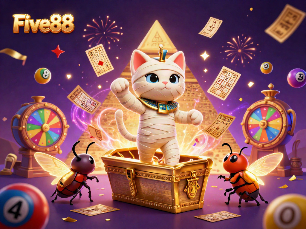 Experience the vibrant casino world of Five88 with an Egyptian mummy cat and glowing scarab beetle.
