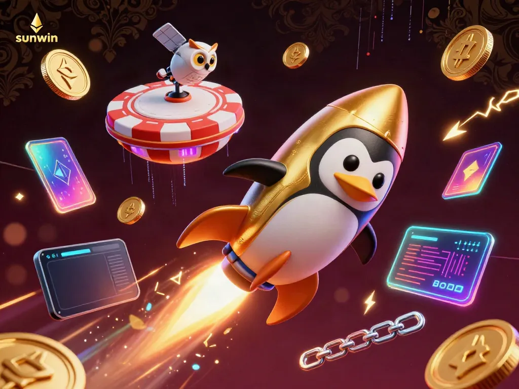 Experience the excitement of sunwin as a golden penguin heads to a casino, surrounded by crypto elements.