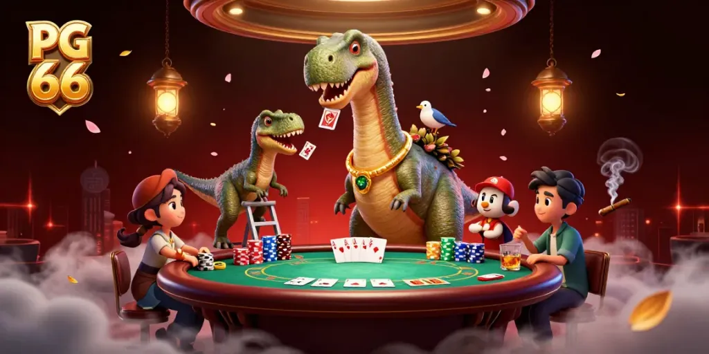 Experience thrilling poker action with PG 66 featuring unique characters in a vibrant casino.