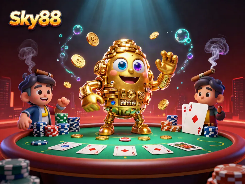 Play poker with Sky88 featuring a golden golem and vibrant casino elements in a 3D illustration.