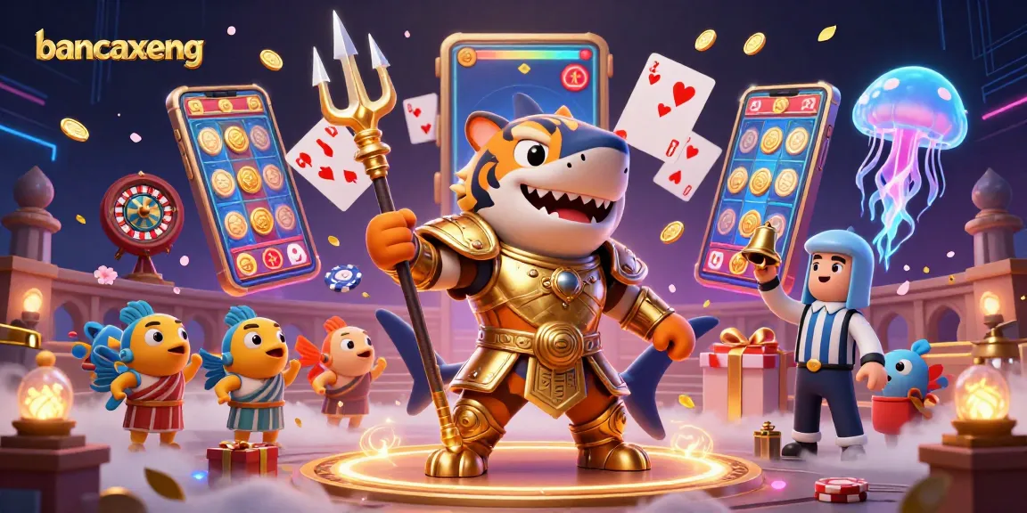 Bancaxeng showcases an underwater adventure with a tiger shark in gladiator armor and a lively gaming atmosphere.