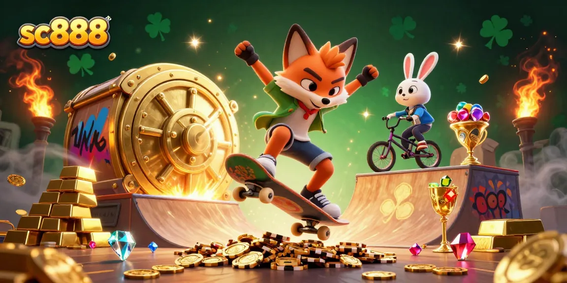 Engaging scene featuring sc888 as a 3D fox skateboarder performing tricks near a treasure vault.