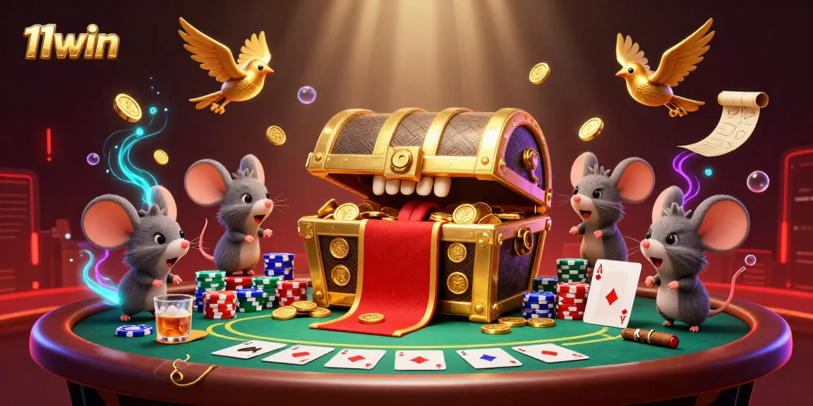 Win big at 11win with this vibrant, dynamic casino scene featuring poker and treasure.