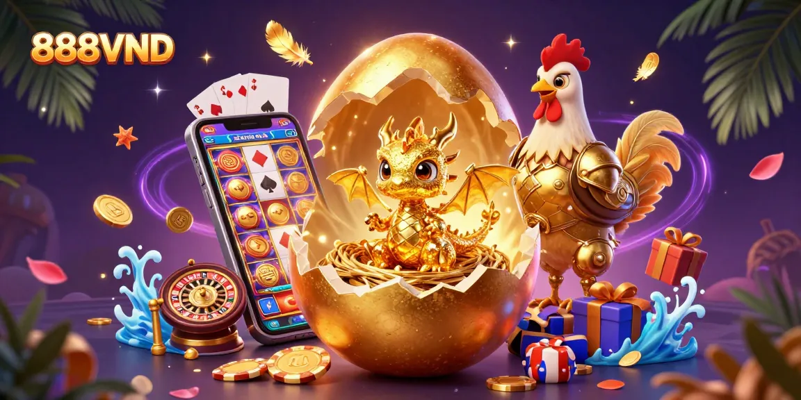 Engage in thrilling fun with 888VND's golden dragon and poker chips in this vibrant casino illustration.