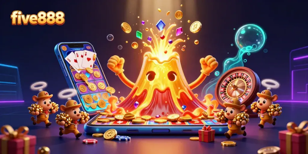 Feel the excitement at five888 as treasures erupt from a golden volcano amid vibrant casino elements.