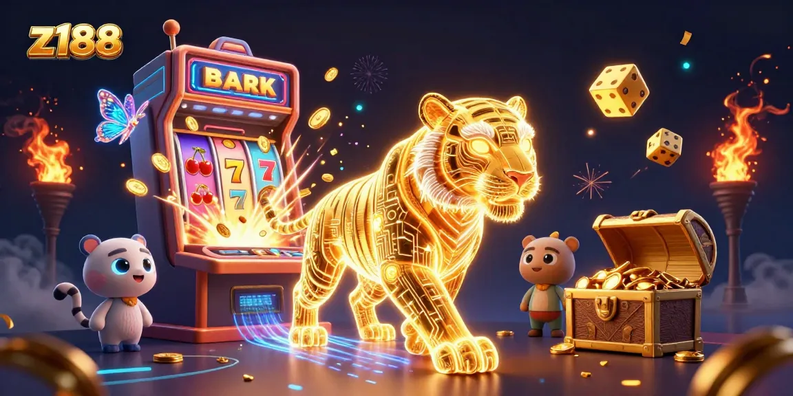 Experience z188's vibrant digital casino atmosphere with a neon golden tiger amidst explosive gaming elements.
