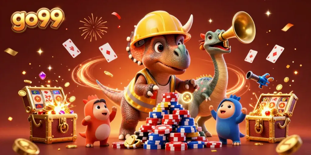 Celebrate big wins at go99 with a lively 3D illustration of a triceratops building a poker chip pyramid.
