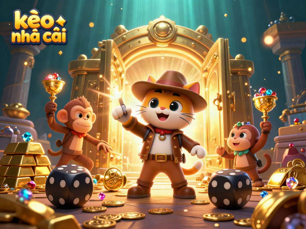 Explore the world of kèo nhà cái with a vibrant 3D illustration showcasing dynamic casino elements and adventurous characters.