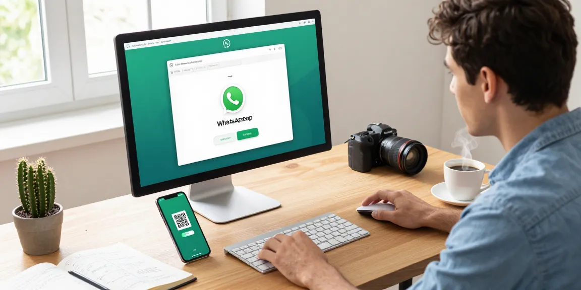 Professional using WhatsApp電腦版 on a desktop with modern setup, showcasing productivity in a tech workspace.
