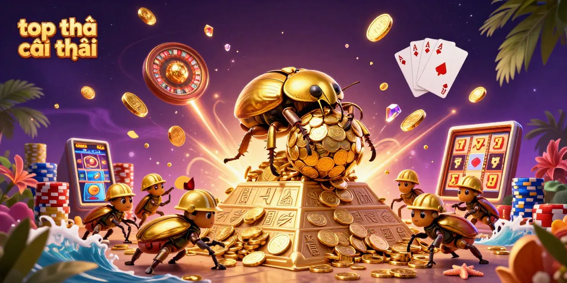 Experience top nhà cái uy tín with a vibrant illustration of a golden beetle amidst casino symbols and riches.