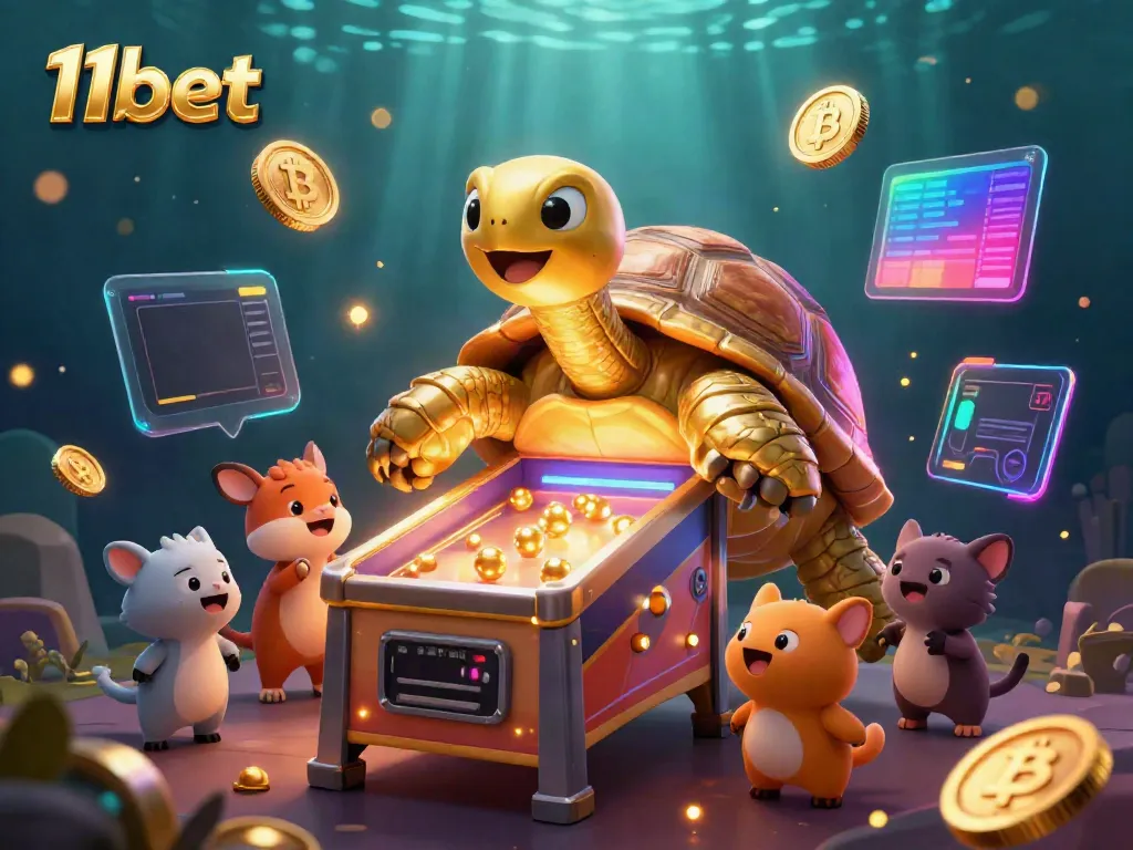 Engage with vibrant 11bet scene featuring a tortoise pinball machine and crypto elements.