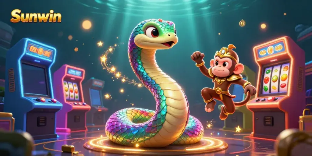 Experience the magic of Sunwin with a vibrant 3D casino scene featuring colorful characters and arcade elements.
