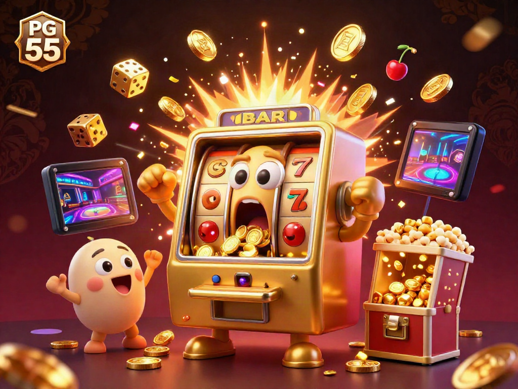 Experience PG 55's thrilling jackpot celebration with dynamic slot machines and golden coins cascading.