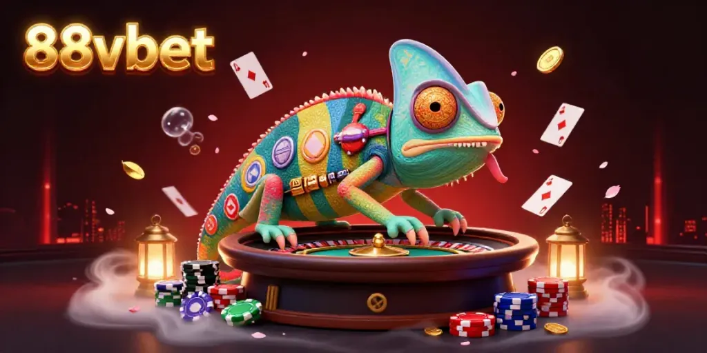 Experience the vibrant casino world of 88vbet with an engaging chameleon character and dynamic game elements.