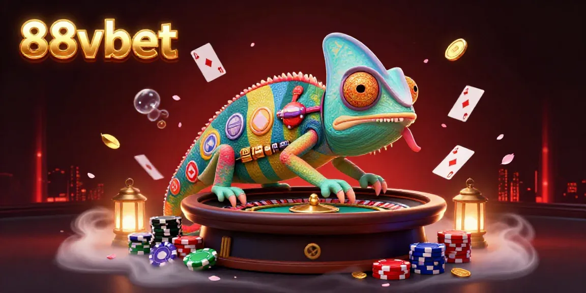 Experience the vibrant casino world of 88vbet with an engaging chameleon character and dynamic game elements.